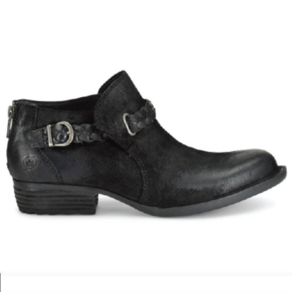 Born Sylvia Distressed Black Suede Leather Harness Ankle Boots Booties 6